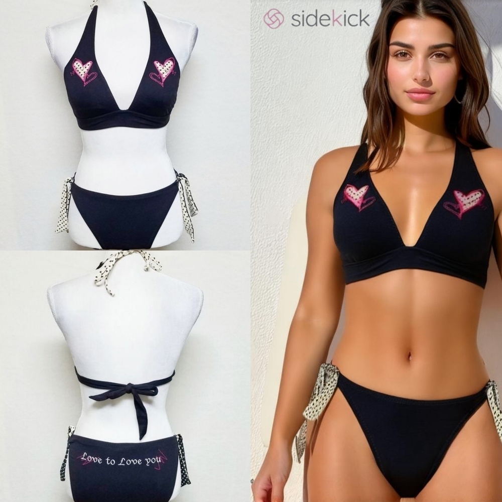 Hurley Whimsigoth Love To Love You Vintage 90s Black Pink Heart Halter Bikini